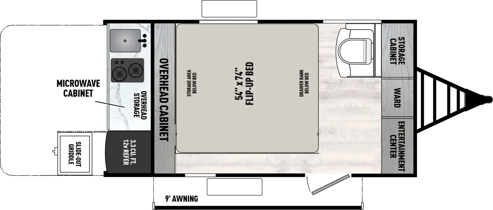 The Viking 9000 Series & 12000 Series 13000ROK floorplan has one entry and zero slide outs. Exterior features include: metal exterior, 9' awning and outside kitchen. 